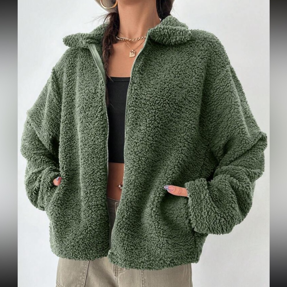 Luxe green  cozy warm zipper teddy jacket